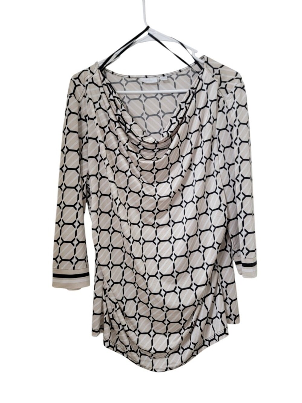 New York & Company Size XL Cream with Black & White Geometric Drape Neck Blouse